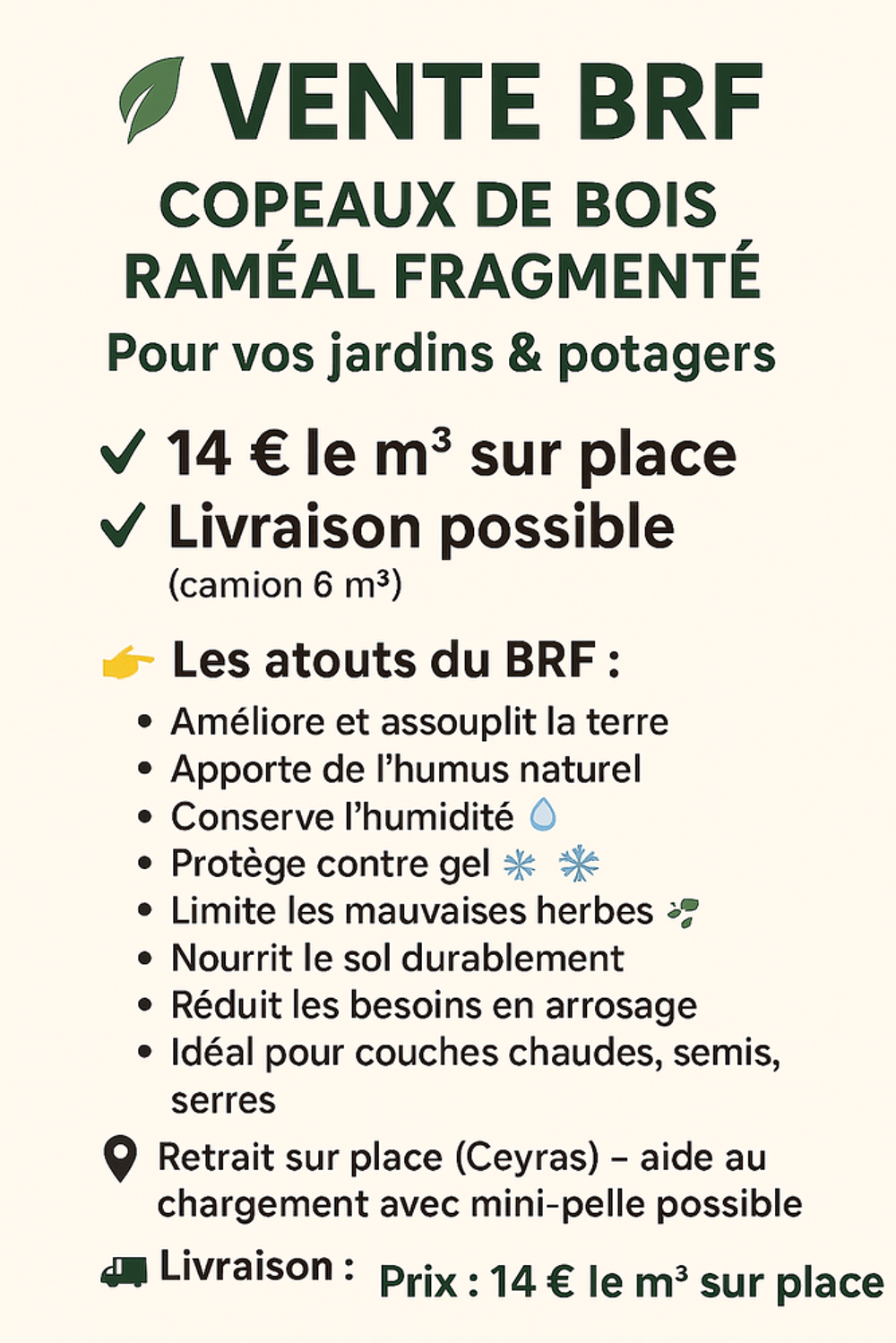 copeaux de bois BRF plantations et jardins 14 € m3 Jardin
