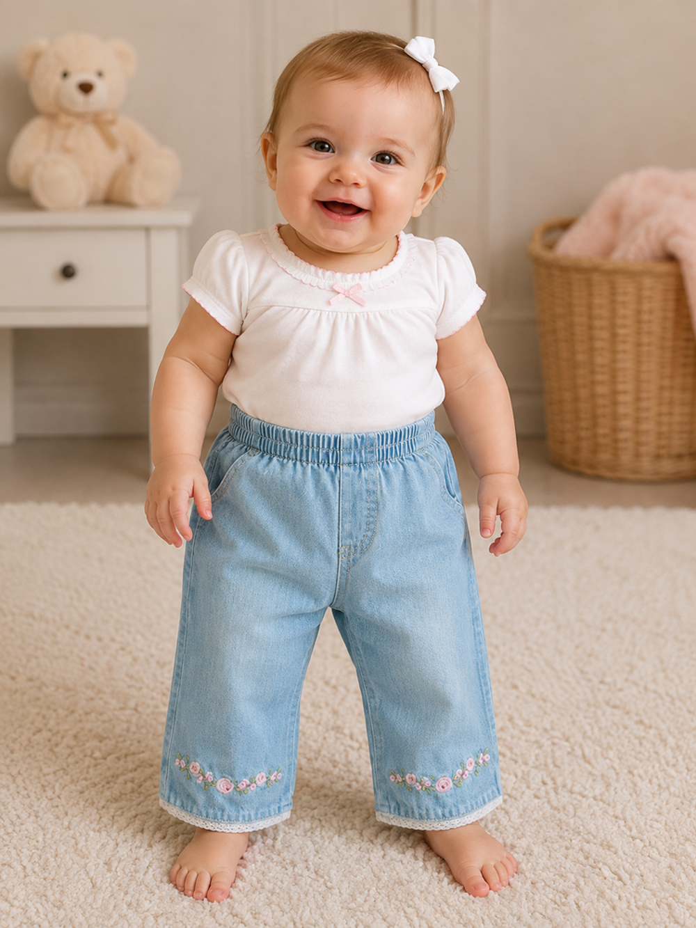jean b&eacute;b&eacute; fille bleu 6 mois TBE + roses brod&eacute;es Vêtements enfants