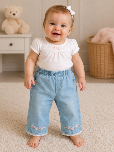 jean bébé fille bleu 6 mois TBE + roses brodées 1 Brienne-le-Château (10)
