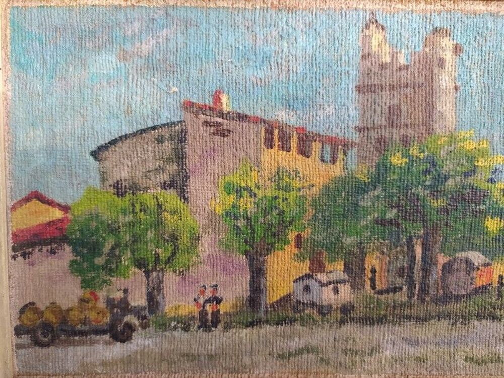 Tableau Peinture Na&iuml;ve Village Roulottes Sign&eacute; Marcel Legeay 