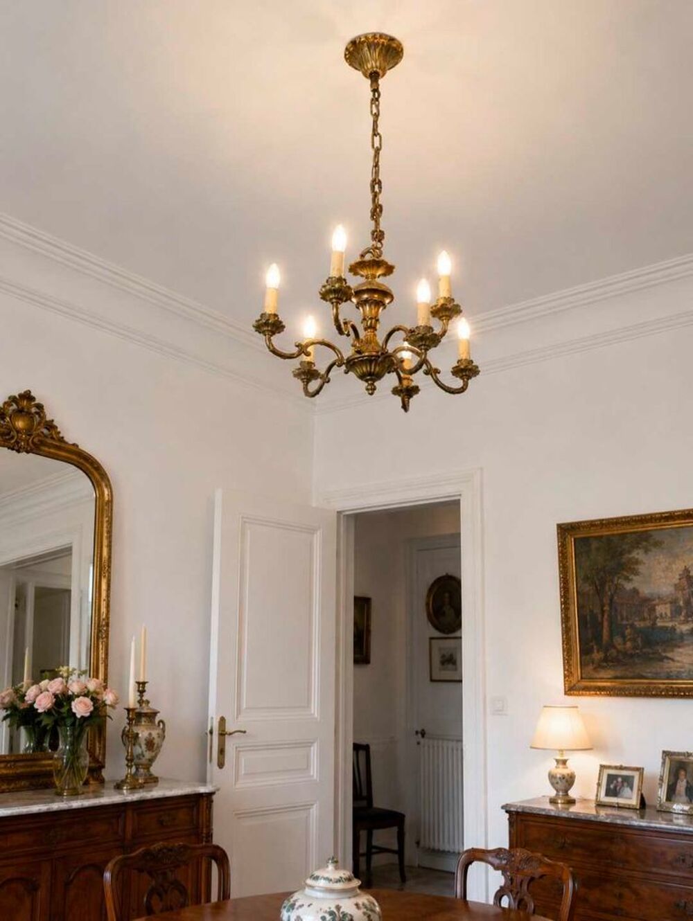 Lustre ancien en bronze 8 lumi&egrave;res €" Style Louis XV €" Excellent &eacute;tat Décoration