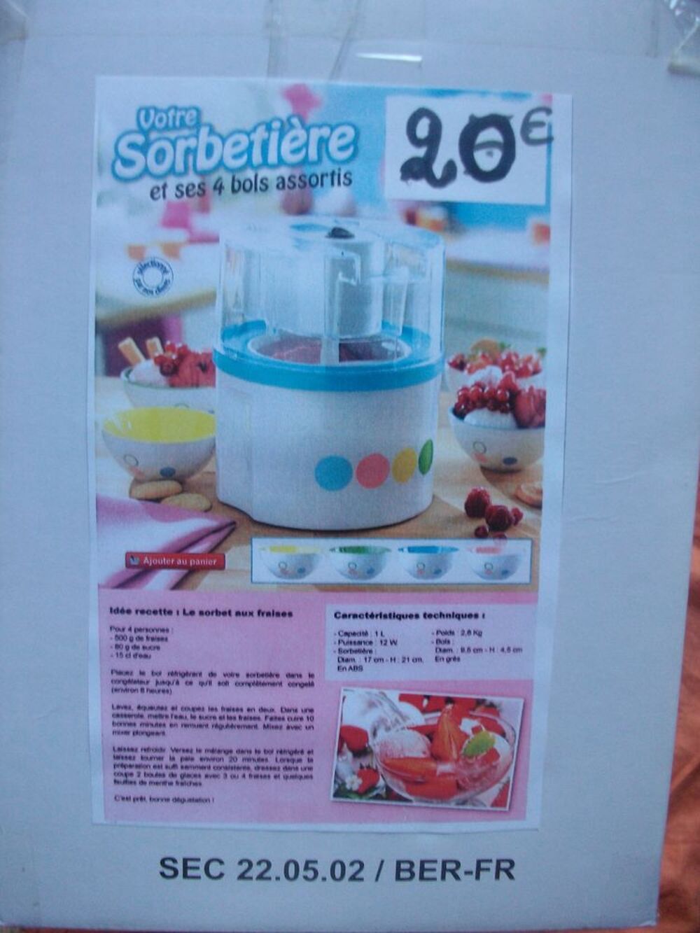 Sorbeti&egrave;re &eacute;lectrique et ses 4 bols assortis-neuve Electroménager