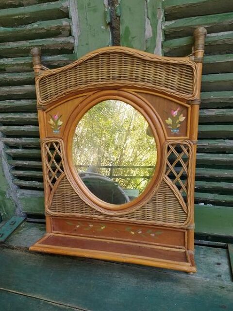 Miroir Mural Étagère Rotin Tressé Décoré Fleurs Vintage 90 Loches (37)