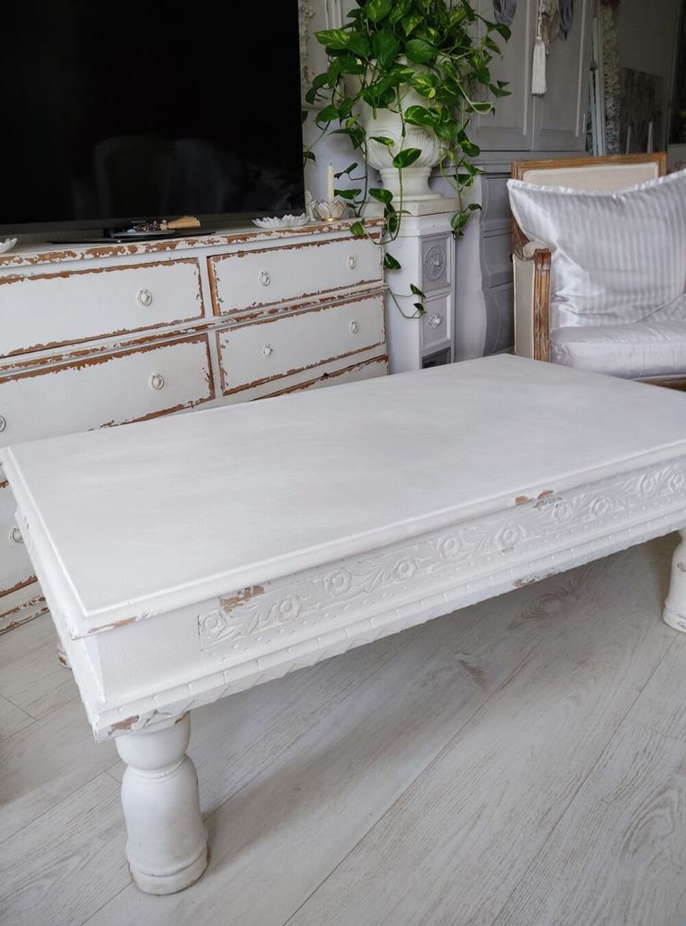 Table basse Agon&egrave;s Blanc vieilli, bois de manguier Meubles