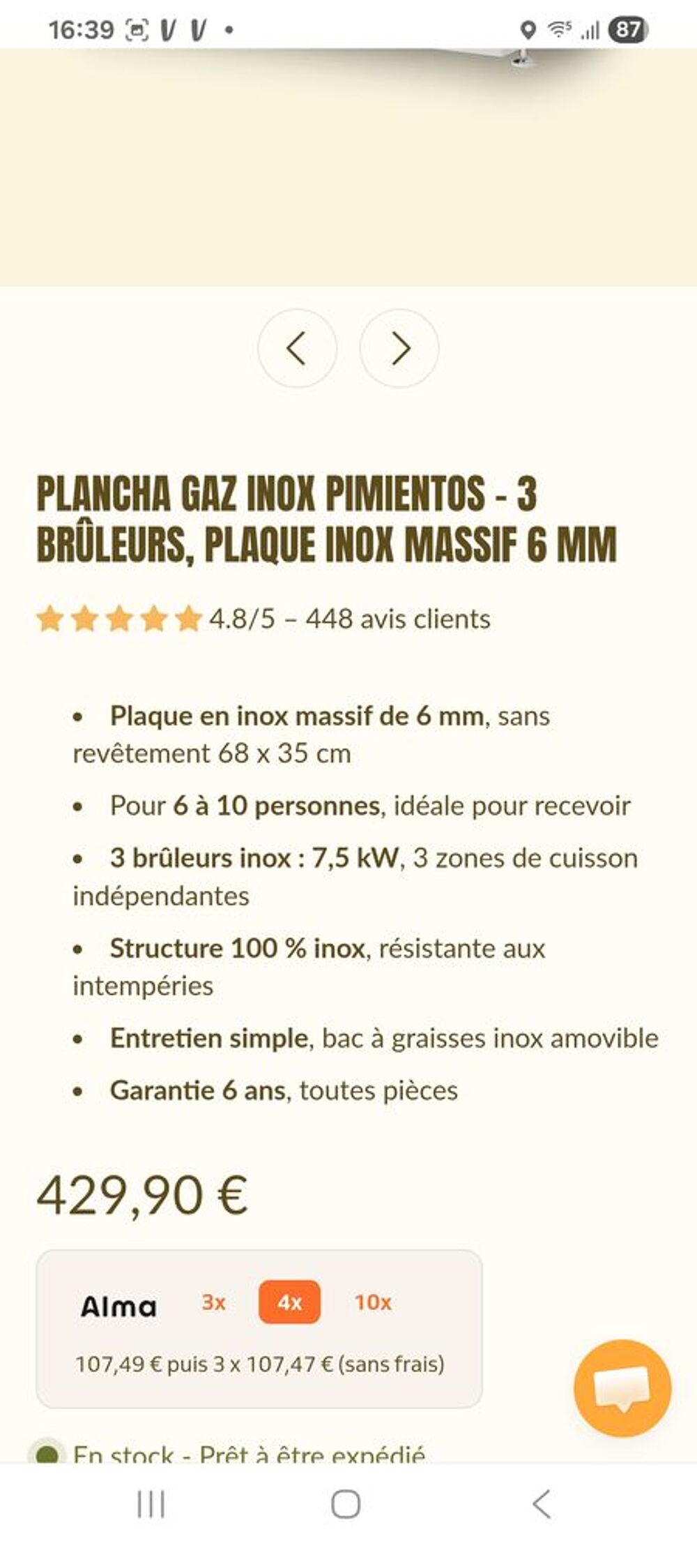Plancha gaz 3 br&ucirc;leur en inox Electroménager