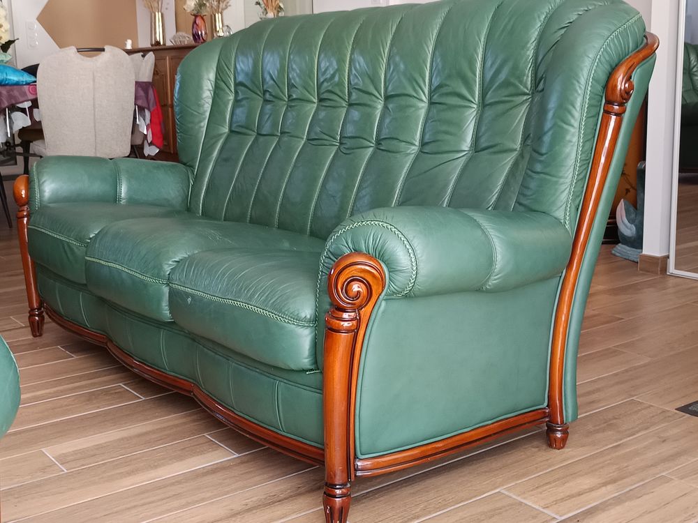 Salon cuir vert: canap&eacute; 3 places + 2 fauteuils Meubles