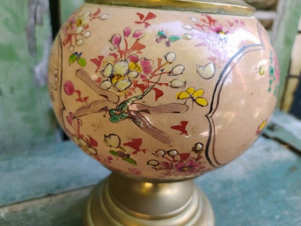 Ancienne Lampe &agrave; P&eacute;trole Fa&iuml;ence XIX&egrave;me japonisant Décoration