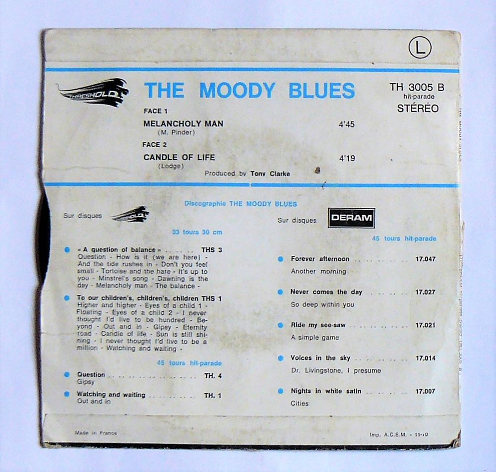 SP The Moody Blues : Melacholy Man - Deram TH 3005 B CD et vinyles