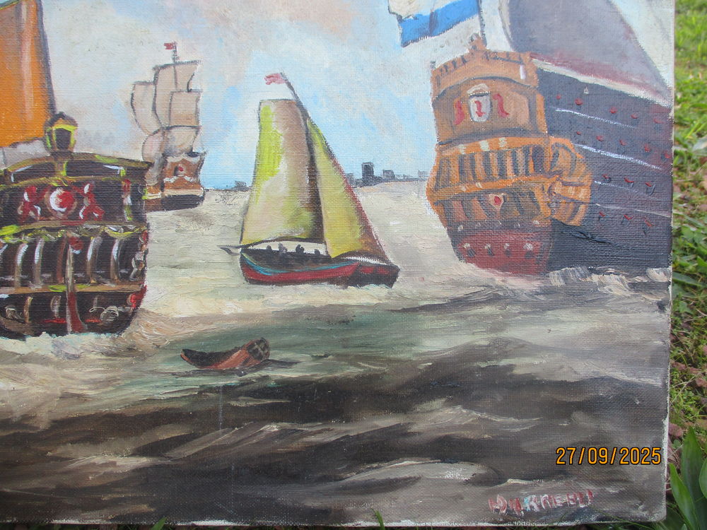 GRAND TABLEAU ANCIEN MARINE HUILE SUR TOILE Décoration