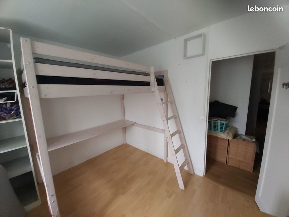 Lit Mezzanine 140 bois c&eacute;rus&eacute; blanc Meubles