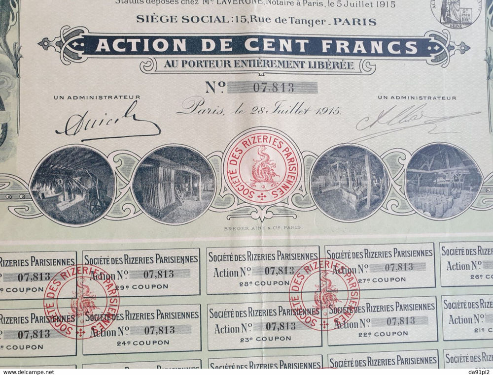 Rare Super DECO action de 100 francs Or Rizeries Parisiennes 