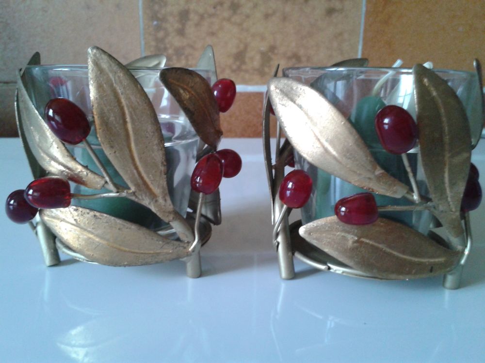 ensemble de 4 portes bougies m&eacute;tal dor&eacute; et en verre neufs Décoration