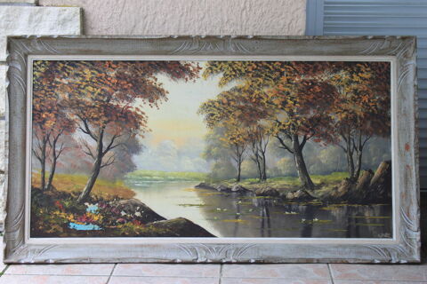 Tableau peinture huile vintage sur toile sign  80 Montigny-Lencoup (77)
