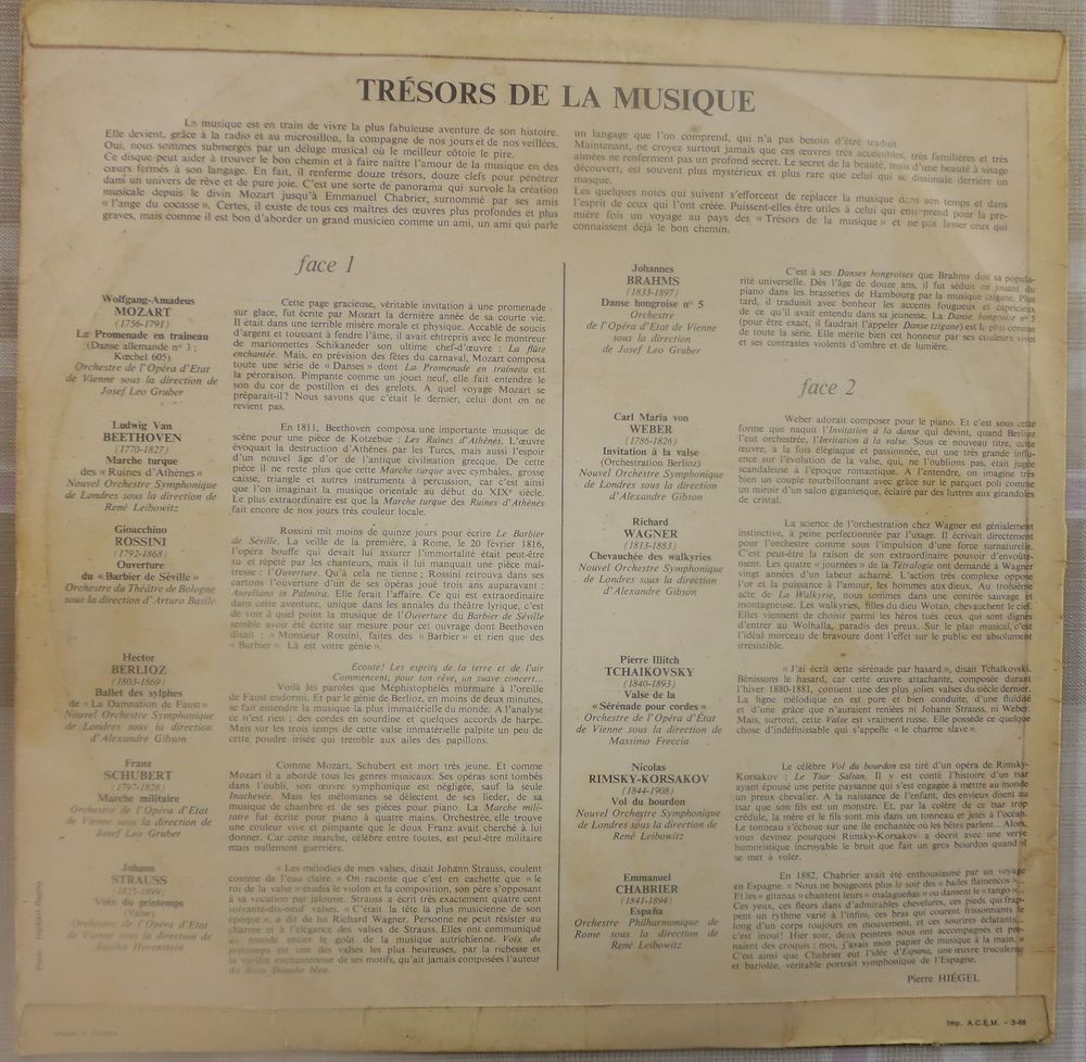 TRESORS DE LA MUSIQUE MOZART BEETHOVEN ROSSINI BERLIOZ 33T CD et vinyles