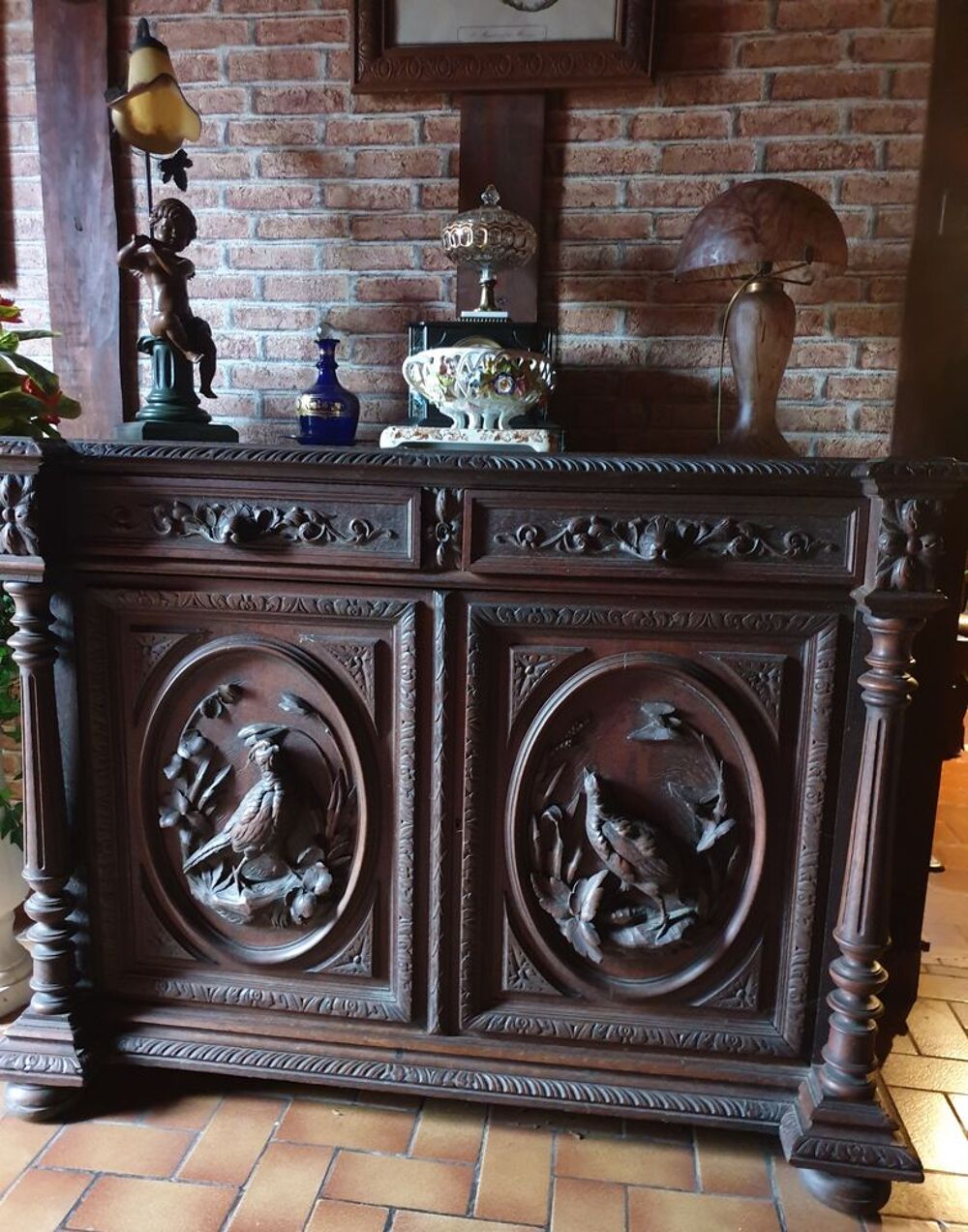 SALLE A MANGER compl&egrave;te ch&ecirc;ne fonc&eacute; th&egrave;me chasse Fin XIX&deg; Meubles