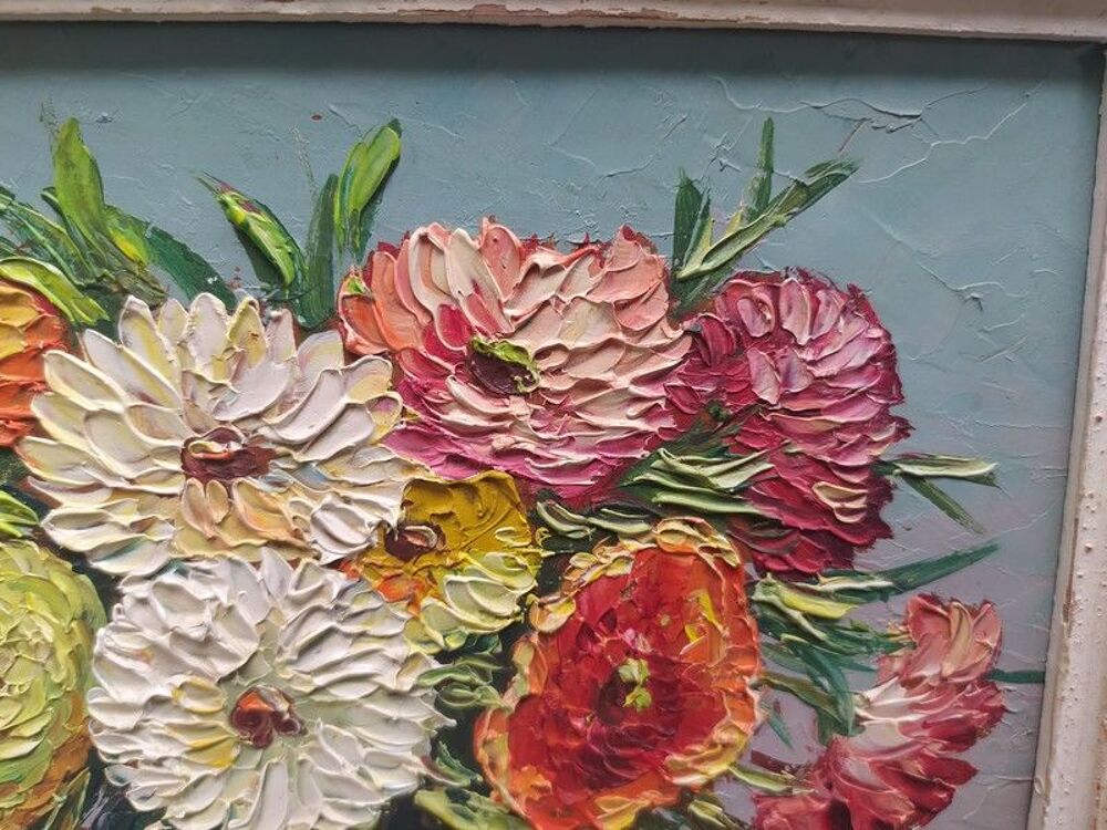 Tableau Nature Morte Fleurs Oeillets Sign&eacute; De Mervil 