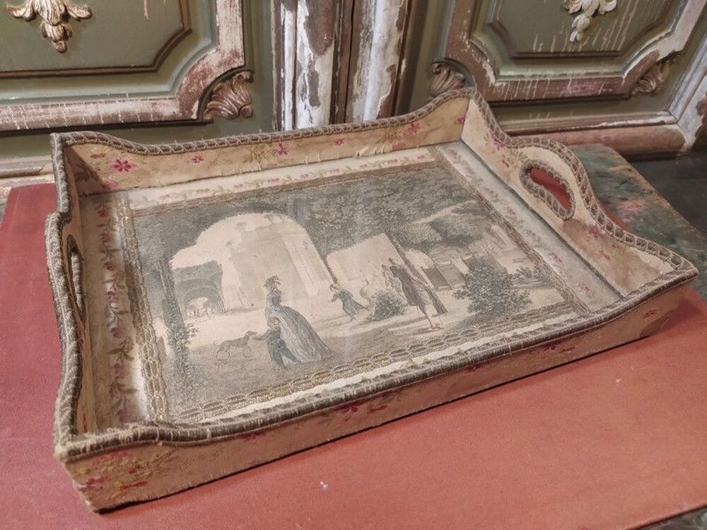 Plateau de Boudoir en Bois et Soie Gravure Style XVIII&egrave;me 