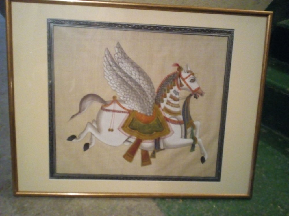 Gravure sous verre encadr&eacute; en bois repr&eacute;sentant un cheval Décoration