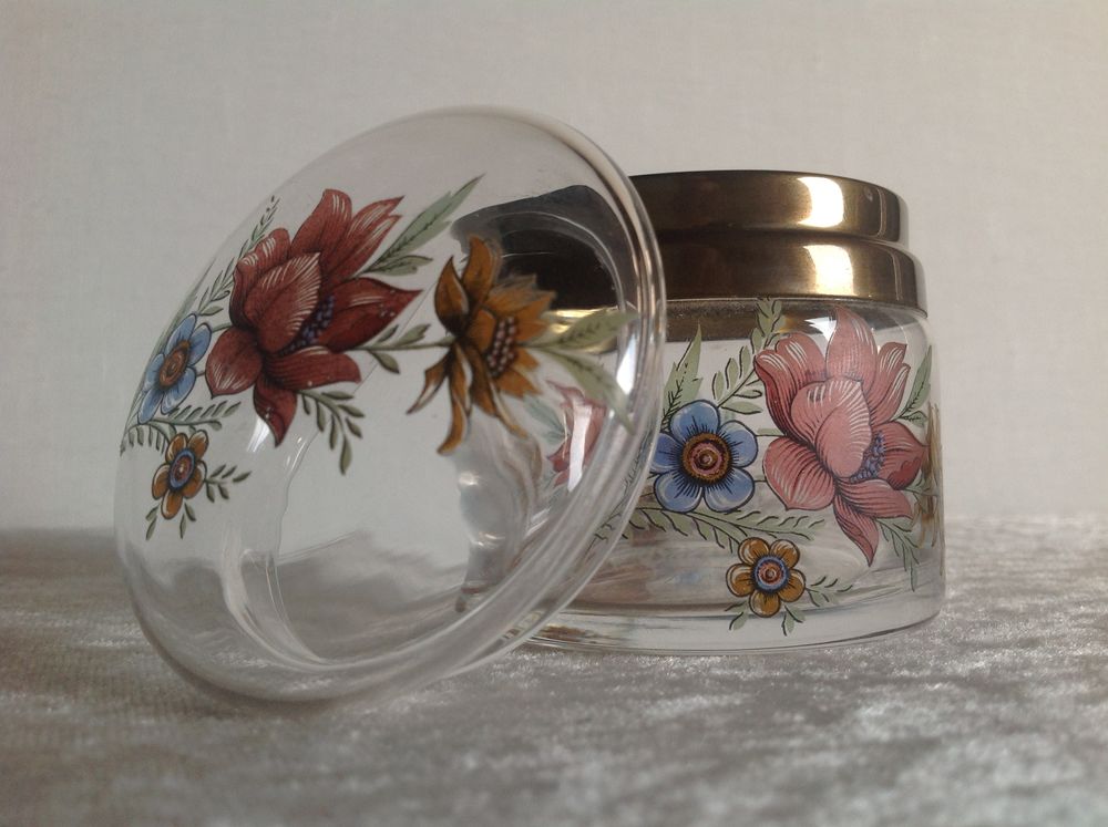 BOITE BONBONNI&Egrave;RE VINTAGE EN VERRE D&Eacute;COR FLEURS Envoi Possib Décoration