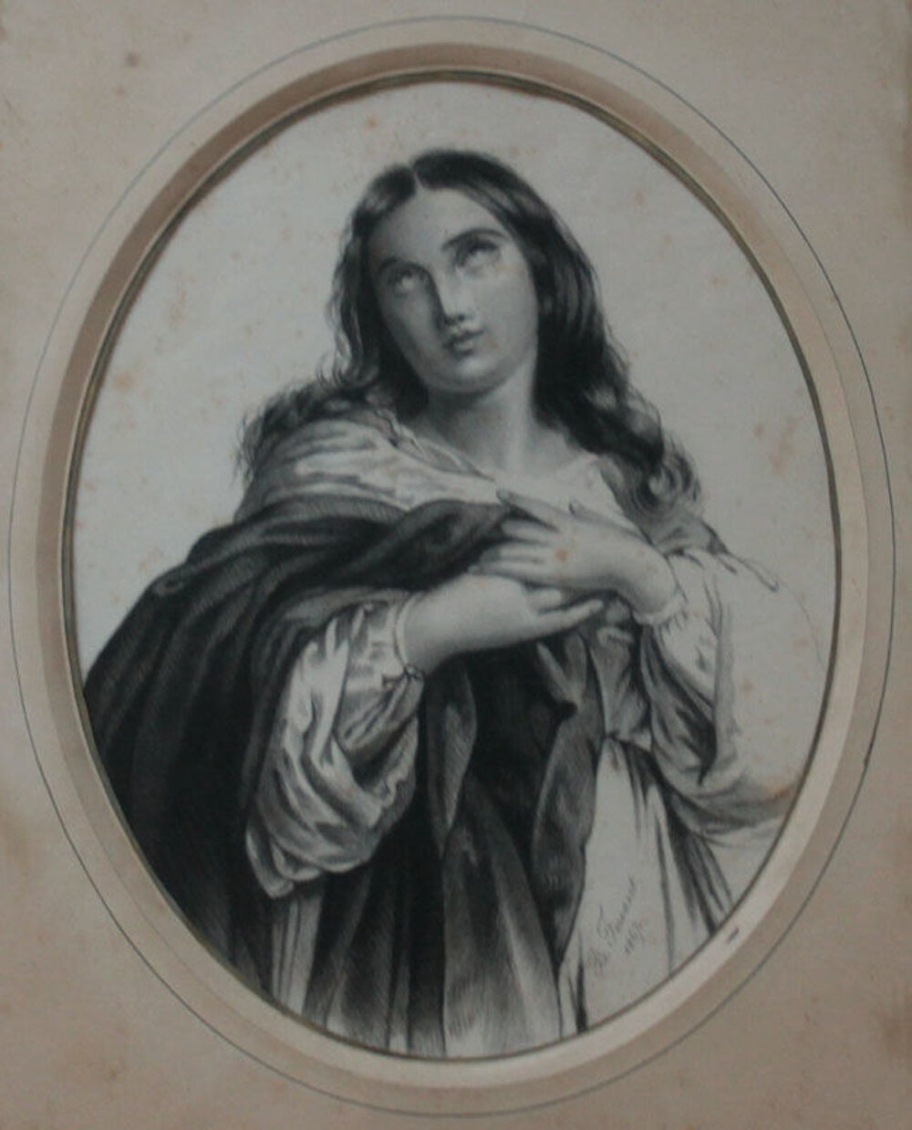 ANCIEN DESSIN JEUNE FEMME AUX YEUX LEV&Eacute;S sign&eacute; FOUSSET 1867 Décoration