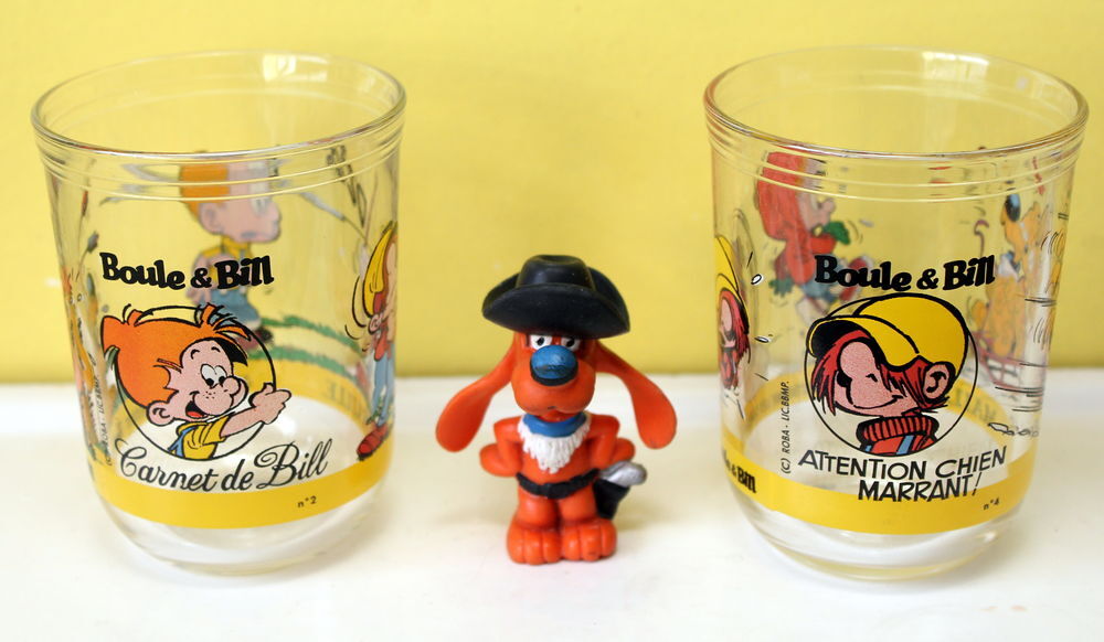 Verres &agrave; moutarde Boule et Bill + figurine Schleich vintage 