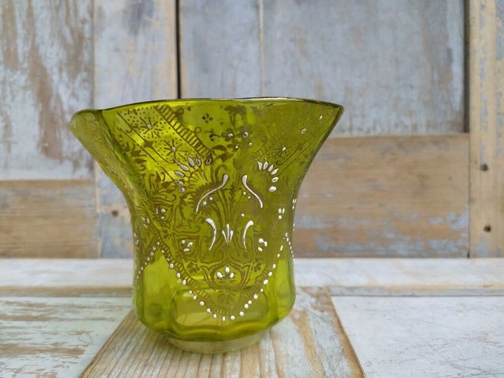 Tulipe Lampe &agrave; P&eacute;trole Verre &Eacute;maill&eacute; Vert et Blanc Décoration