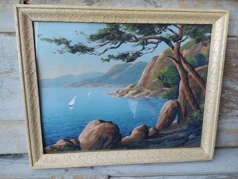Tableau Paysage Côte d'Azur Voilier Cadre sous Verre  60 Loches (37)