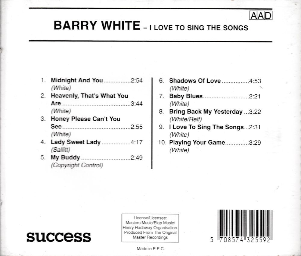 CD Barry White I Love To Sing The Songs CD et vinyles