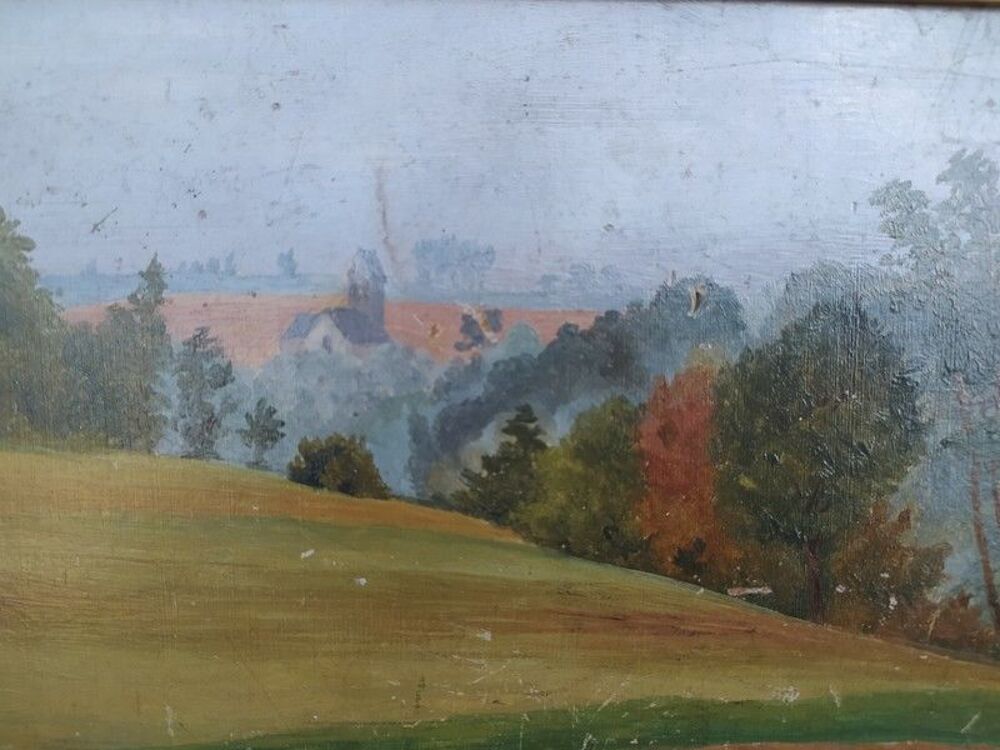 Petit Tableau Paysage de Campagne Vue sur Clocher 