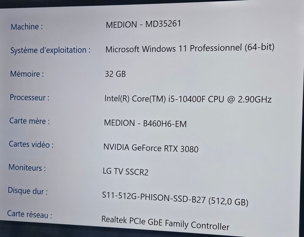 Pc gamer de bureau medion erazer rtx 3080 core i5 10400F Matériel informatique