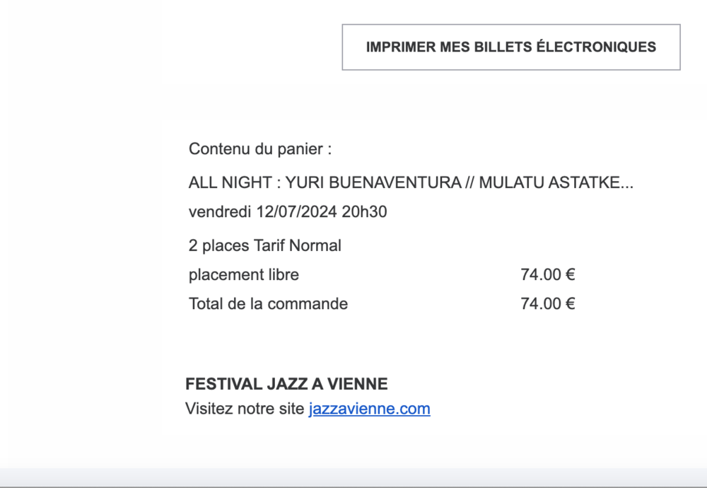 Deux billets Jazz &agrave; Vienne 12 juillet Billetterie