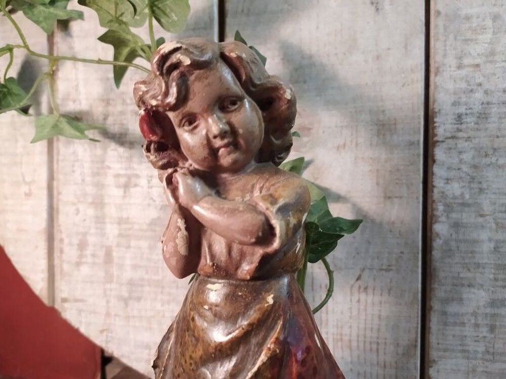 Ancienne Sculpture Fillette R&ecirc;veuse Pl&acirc;tre Polychrome Décoration
