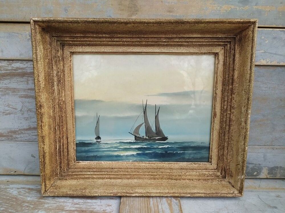 Tableau Dessin Gouache Marine Voiliers Sign&eacute;e 