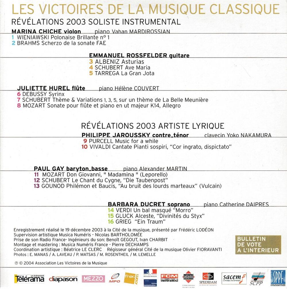 CD R&eacute;v&eacute;lations Victoires Musique Classique 2004 CD et vinyles