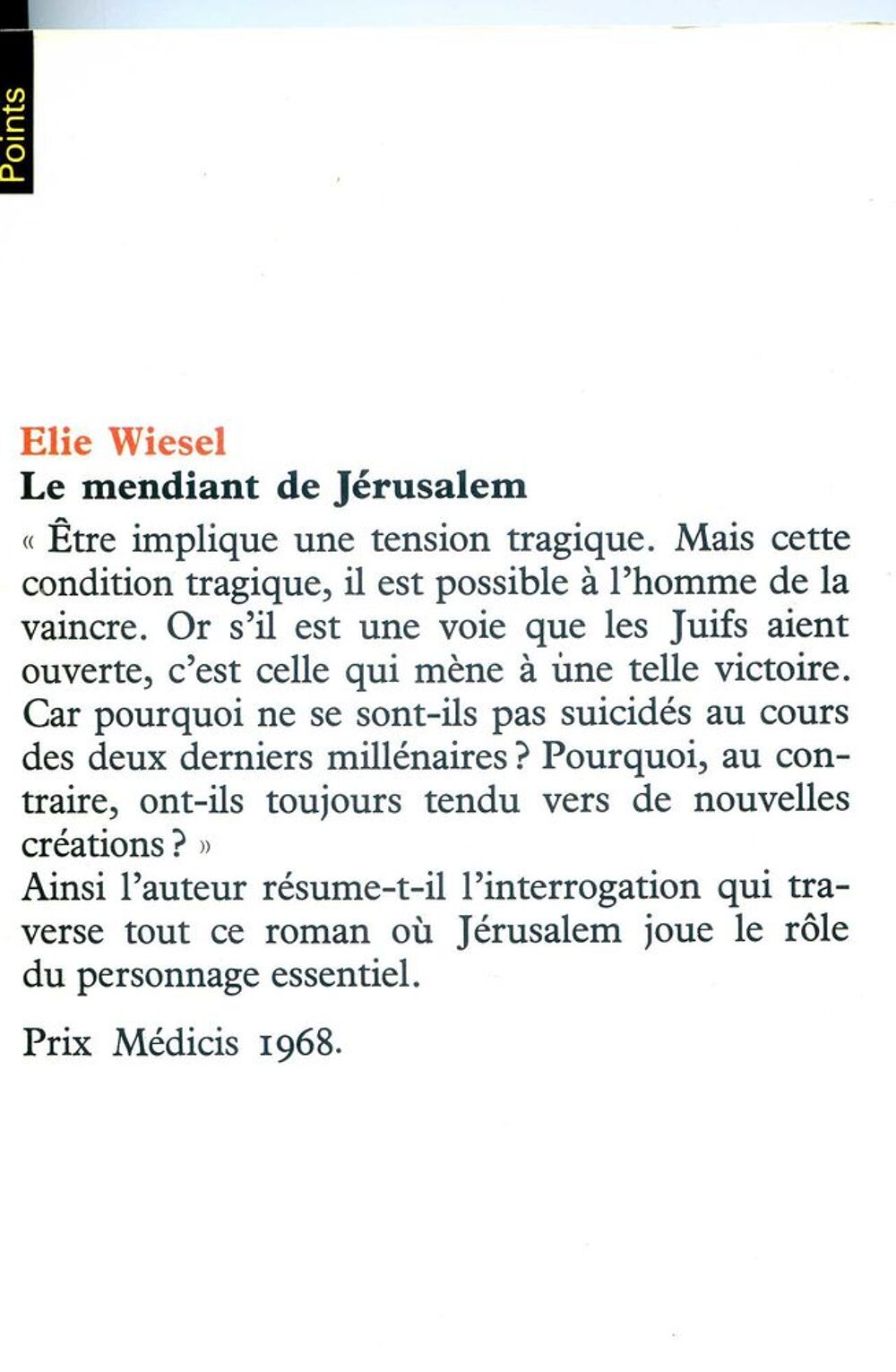 Le mendiant de J&eacute;rusalem- Elie Wiesel, Livres et BD