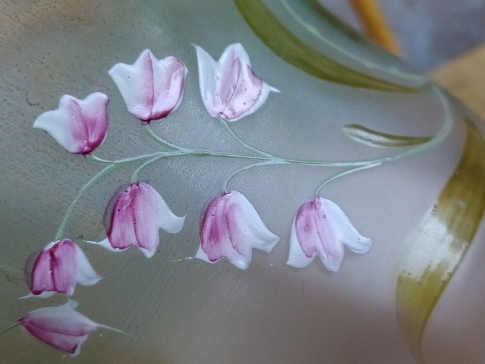 Grande Tulipe Verre de Lampe &agrave; P&eacute;trole Verte Fleurs Emaill&eacute;e Décoration