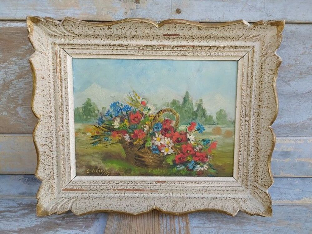 Ancien Tableau Bouquet de Fleurs Printani&egrave;res Sign&eacute;
