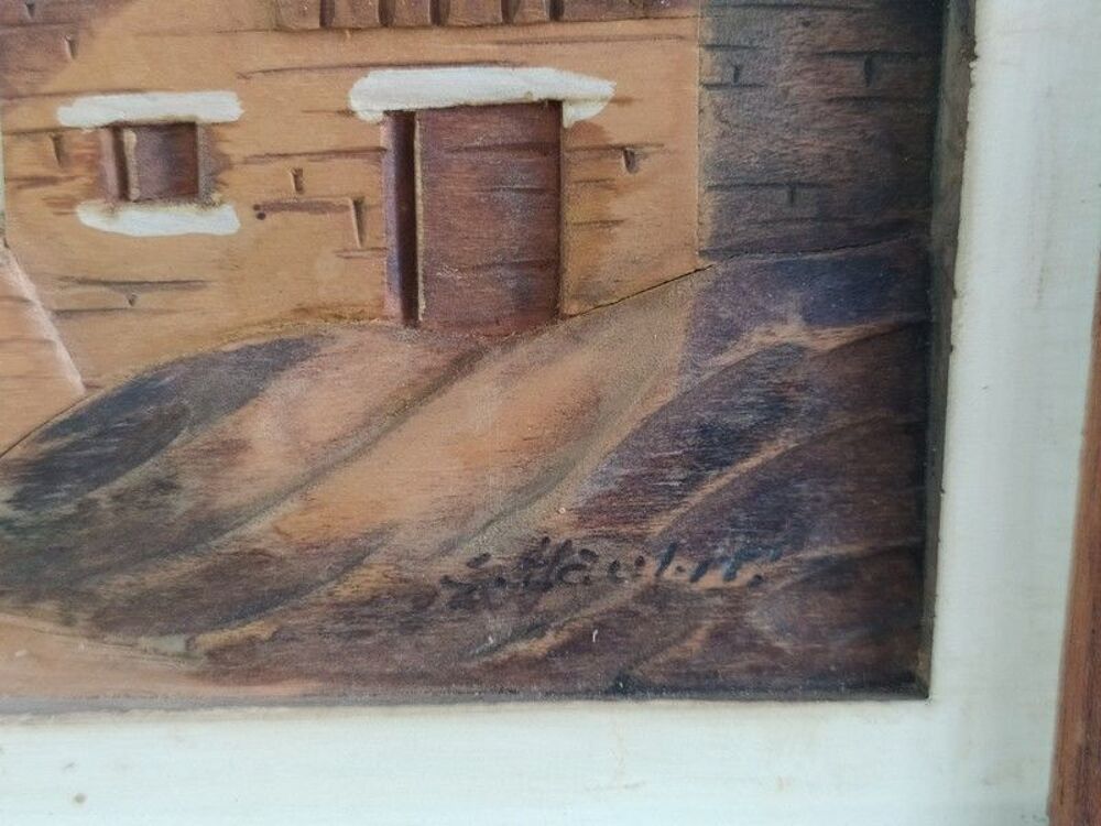 Tableau Chalet Bois Sculpt&eacute; Art Populaire Montagne 1950 Décoration
