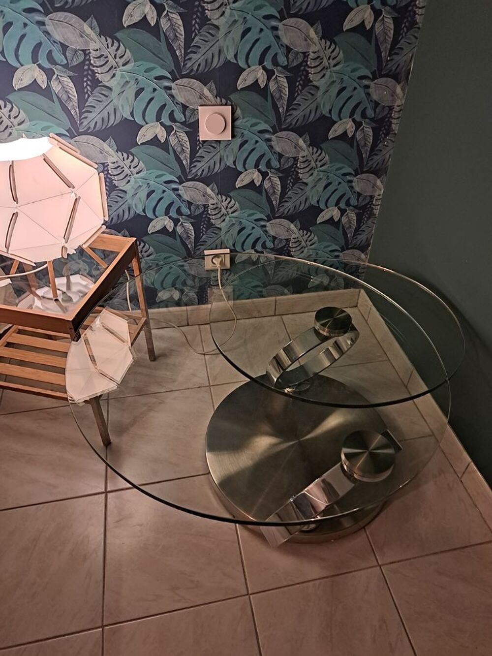 TABLE EN VERRE 2 PLATEAUX PIVOTANTS PIEDS INOX Meubles