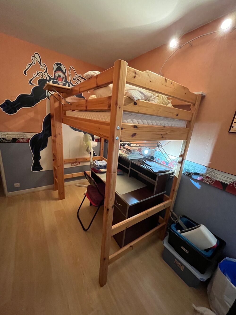 Lit mezzanine FLEXA 1900X900 Pin naturel+matelas+bureau+&eacute;tag Meubles
