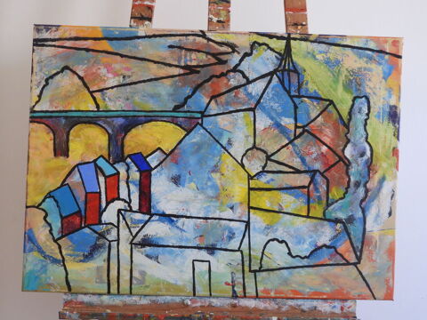 Tableau acrylique sur toile - Le viaduc et le village 120 Cond�-sur-Noireau (14)