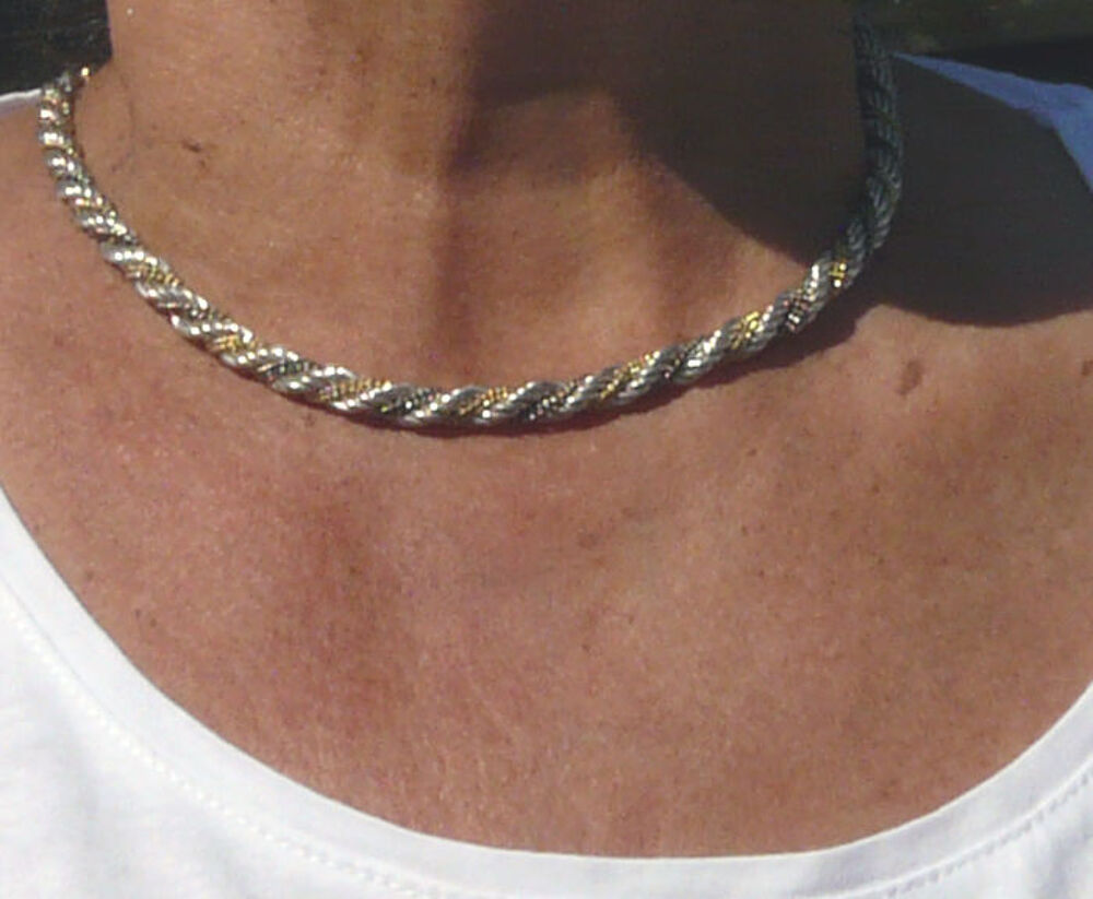 Collier Ras-de-Cou Torsad&eacute; en M&eacute;tal Argent&eacute; et Dor&eacute; -vintage Bijoux et montres