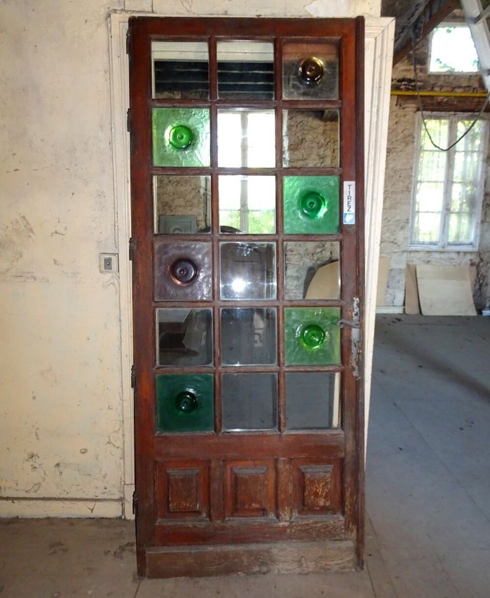 Porte bois massif (ch&ecirc;ne) verre vitraux 1960 Décoration