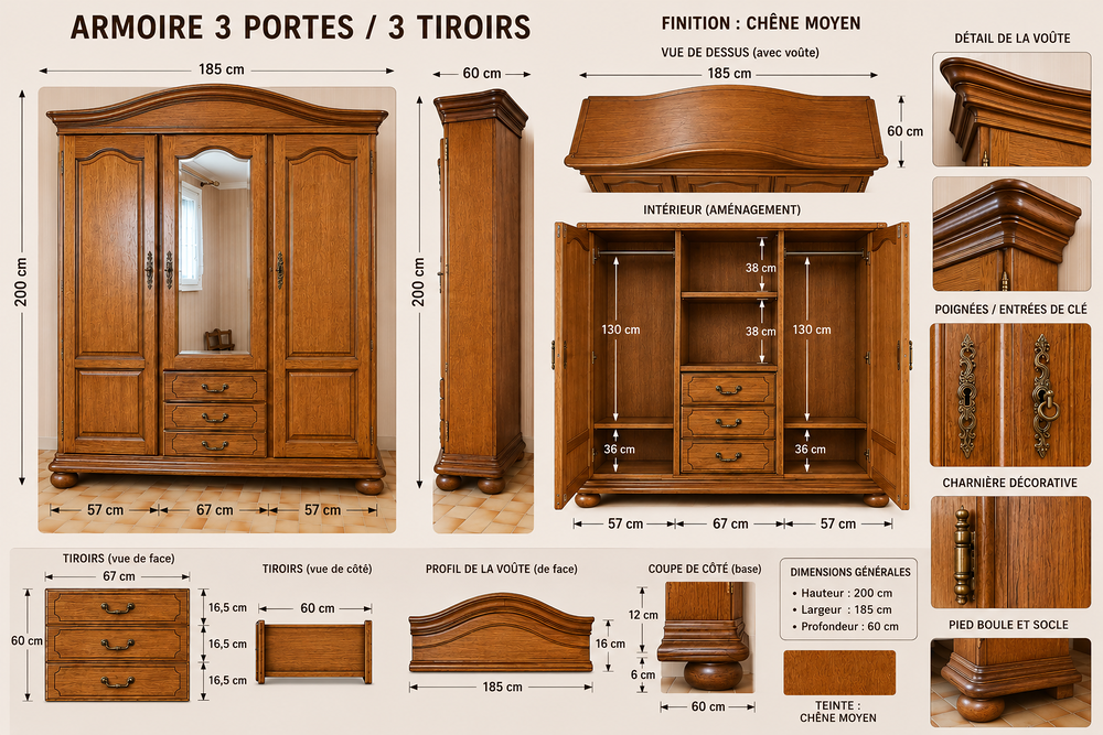 Armoire en ch&ecirc;ne massif 3 portes ? Miroir et 3 tiroirs Meubles
