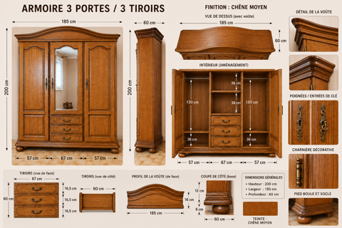 Armoire en chêne massif 3 portes ? Miroir et 3 tiroirs 400 Paraza (11)