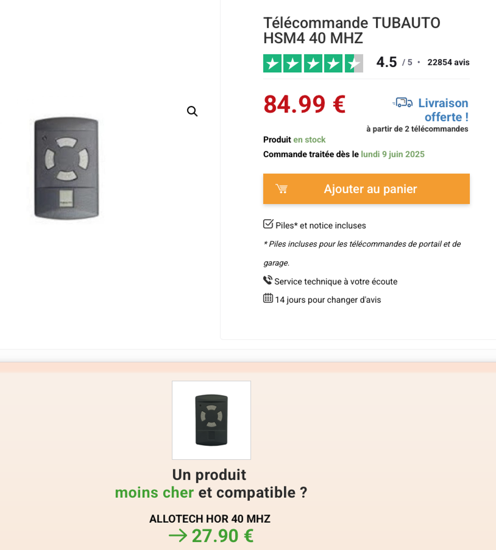 T&eacute;l&eacute;commande TUBAUTO HSM4 40 MHz Bricolage