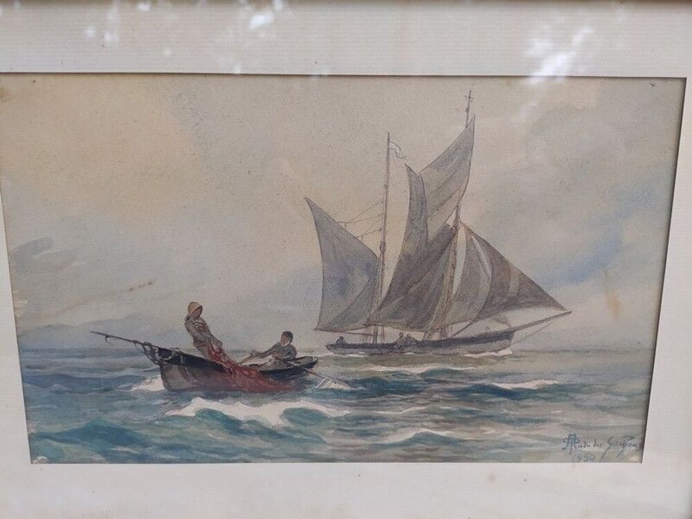 ANDR&Eacute; DES GACHONS Tableau Aquarelle Marine Bateau de P&ecirc;che 