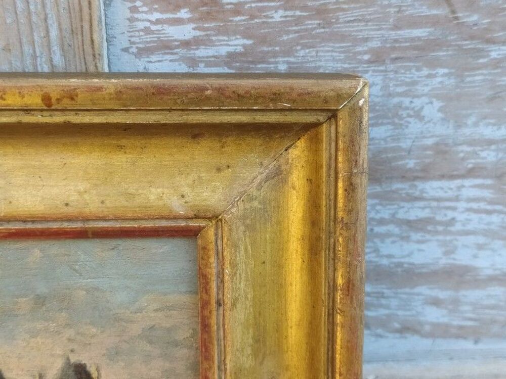 Tableau Peinture sur Bois Ch&acirc;teau XIX&egrave;me Cadre Dor&eacute; Feuille 