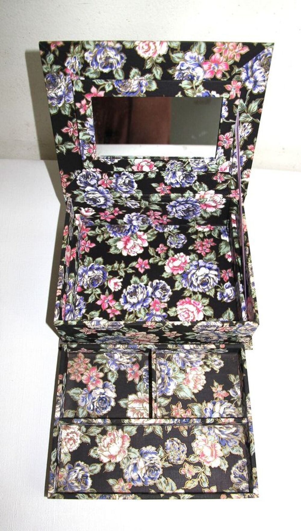 Boite &agrave; bijoux en tissu motif roses sur fond noir.
Bijoux et montres