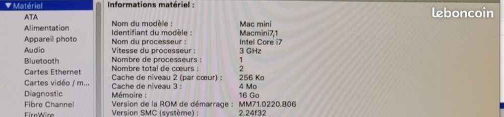 Mac Mini i7, 3GHZ, 16GO RAM, SSD 1 TO Matériel informatique